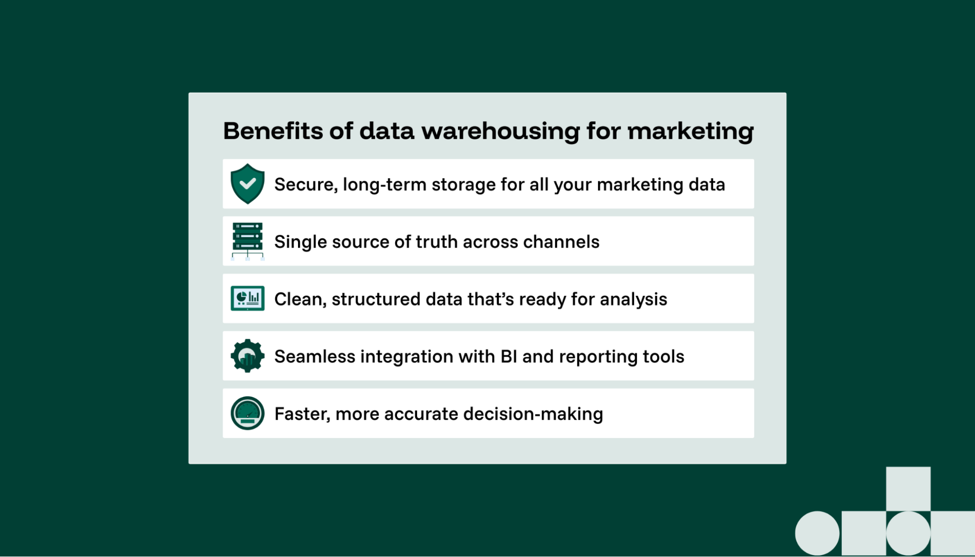 List of benefits of data warehousing for marketing teams